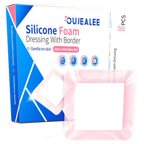 OUJEALEE Silicone Foam Dressing with Border -Soft Pink Color | Ultra-Gentle Skin Adhesive | Super Absorbent Wound Pad | Pain-Free Removal for Sensitive Skin (4