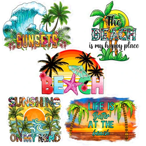 BLESOUYI Iron on Transfers Patches for T-Shirt Clothes Decoration Summer Series Stickers Beach Coconut Trees Sea Waves Sunset Iron on Stickers Appliques Decals for Clothing Jeans Bags Pillow Covers 5PCS