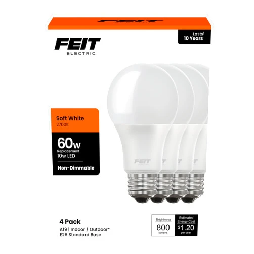 Feit Electric A19 LED Light Bulbs, 60W Equivalent, Non-Dimmable, 800 Lumens, E26 Standard Base, 2700k Soft White, 80 CRI, 10 Year Lifetime, Energy Efficient, 4 Pack, A800/827/10KLED/4