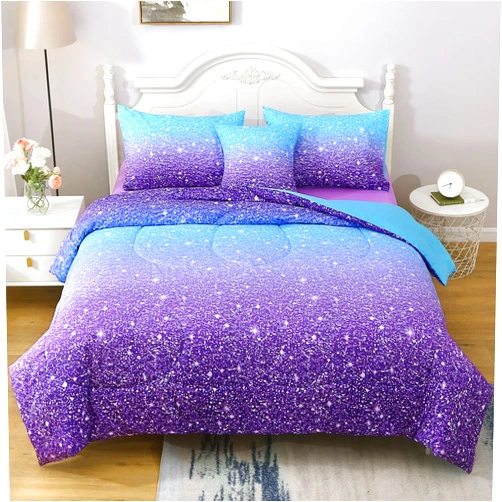 JQinHome Glitter Comforter Set Twin Size,6 Piece Bed in A Bag 3D Colorful Ombre Bedding Set for Girls Kids(1 Comforter,2 Pillowcases,1 Flat Sheet,1 Fitted Sheet,1 Cushion Cover)(Blue Purple)