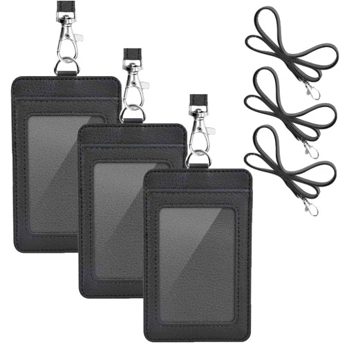 Life-Mate 3 Pack PU Leather ID Badge Holder, Life-Mate ID Badge Holder with 1 Clear ID Window 1 Credit Card Slot and PU Leather Lanyard for Badge Credit Cards College ID Cards in Black