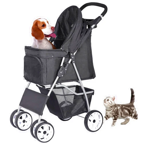 ZENY Foldable Pet Stroller, Cat/Dog Stroller with 4 Wheel, Pet Travel Carrier Strolling Cart with Storage Basket, Cup Holder (Black)