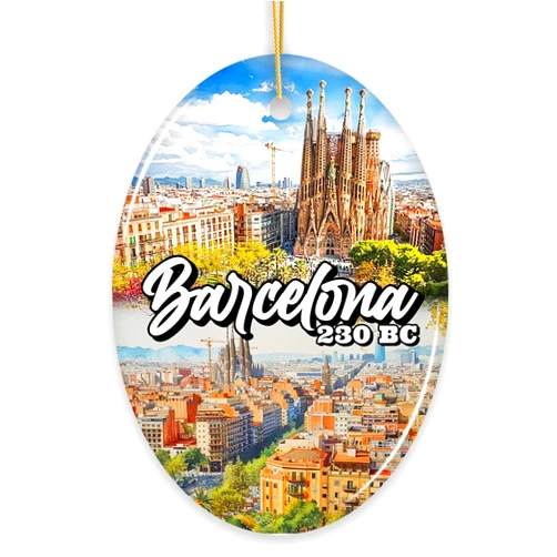 OrnamentallyYou Illustrated Barcelona Landmarks Ceramic Ornament, Spain Travel Souvenir (Oval)
