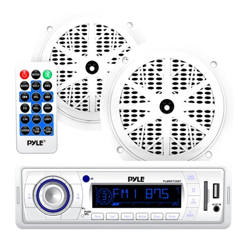 Pyle Marine Headunit Receiver Speaker Kit - In-Dash LCD Digital Stereo w/ AM FM Radio System 5.25’’ Waterproof Cone Speakers (2) MP3/USB/SD Readers Single DIN & Remote Control - Pyle White PLMRKT32WT