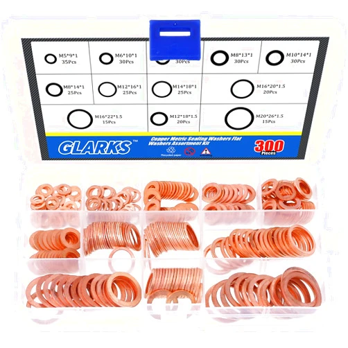Glarks 300Pcs 12 Size Metric Flat Ring Copper Sealing Washers Assortment Set