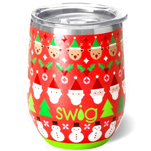 Swig Life 12oz Wine Tumbler with Lid, Stainless Steel, Dishwasher Safe, Portable, Triple Insulated Wine Tumbler (Christmas Crew)