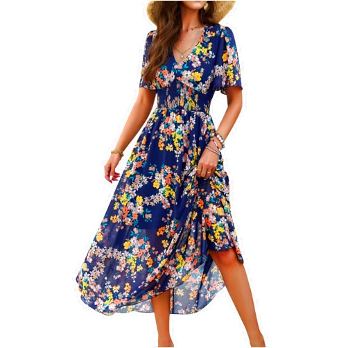 ChooTeeYeen Women's Floral Maxi Dress Flowy V Neck Empire Waist Summer Wedding Guest Party Casual Chiffon Dress