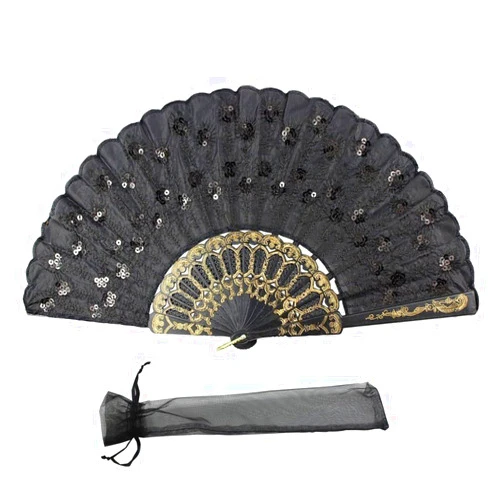 Newstarfactory Peacock Feather Black Sequins Design Plastic Folding Hand Fan