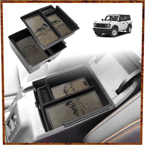 TripleAliners Center Console Organizer Compatible with 2021-2024 Ford Bronco(No for Sport) Accessories 6th Gen Bronco 2/4-Door Center Console Storage Box ABS Material with Leather Trim(V2_Retro Grey)