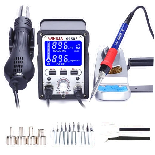 YIHUA 995D+ 2 in 1 Hot Air Rework and Soldering Iron Station with 3 Memories, Large LCD Screen Display, Cool Air/Hot Air Conversion, Sleep Mode, °F /°C and more.
