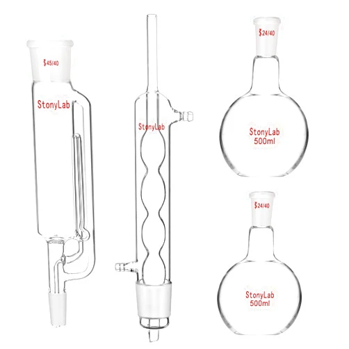 StonyLab 500ml Soxhlet Type Extraction Apparatus, Borosilicate Glass 45/40 Soxhlet Extractor with Allihn Condenser and 2 500 ml Flat Bottom Flasks with 24/40 Joint, Complete Unit