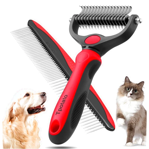 Tpotato Deshedding Pet Brush for Long Haired Dogs Cats,Undercoat Shedding Rake for Dematting Detangling Tangles Matted Fur and Knots,Free Pet Comb,Professional Pet Grooming Supplies Tool Kit,Red