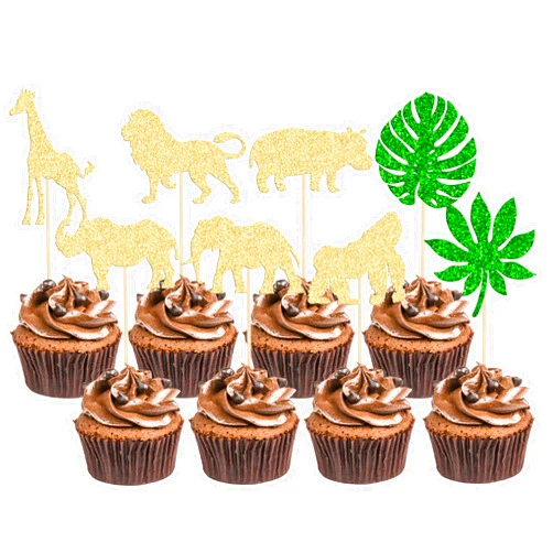 Gyufise 24Pcs Gold Jungle Safari Animal Cupcake Toppers Green Leaf Safari Jungle Wild Animals Cupcake Picks for Jungle Theme Baby Shower Kids Birthday Party Cake Decorations Supplies