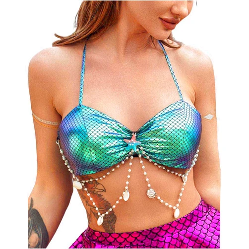 Vatocu Mermaid Bra Top Beach Seashell Crop Top Fish Scales Bra Hawaiian Bikini Tops for Women