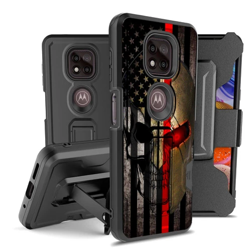 BEYOND CELL Compatible with Moto G Power 2021 Armor Kombo Kickstand Case with Belt Clip Holster, Hybrid Rugged Heavy Duty Shockproof Drop Protection American Flag Spartan Skull