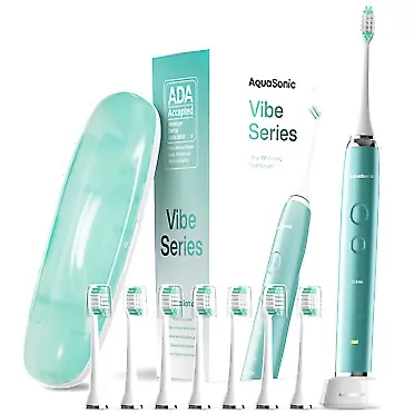 Aquasonic Vibe Series Ultra-Whitening Toothbrush – ADA Accepted Power Toothbrush - 8 Brush Heads & Travel Case – 40,000 VPM Motor & Wireless Charging - 4 Modes w Smart Timer – Mint Green Metallic