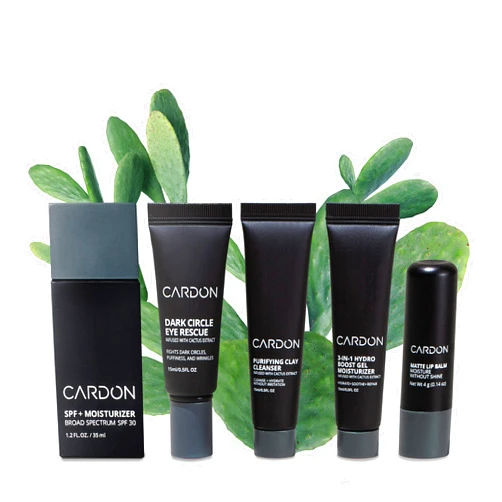 Cardon Jet Set Travel Sized Mens Skin Care Kit, Cactus Based Korean Skin Care Men, Includes SPF Sunscreen Moisturizer, Dark Circle Eye Rescue Cream, Clay Cleanser, 3-in-1 Hydro Gel, Lip Balm- Gift Set