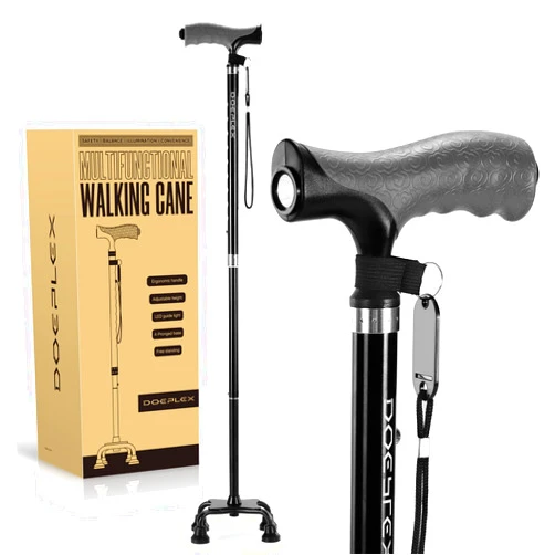 DOEPLEX Quad Cane with LED Light for Men & Women, Adjustable Walking Cane with Large 4-Pronged Base for Stability, Walking Stick for Seniors & Adults Balance