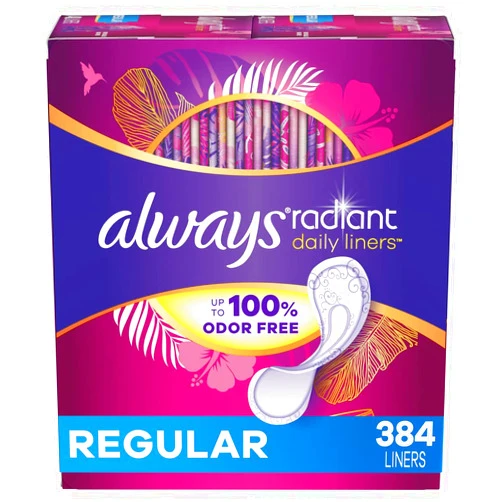 Always Radiant Liners, Unscented, 96 Count,Pack of 4 (Total 384 Count) (Packaging May Vary)