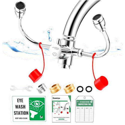 Huanyu Faucet Mounted Eyewash Station 360°Rotation Emergency Eye Wash Station Sink Attachment Adjustable Water Flow Direction Eye Wash Faucet for Lab Factory with 3 Adapters (Style C)