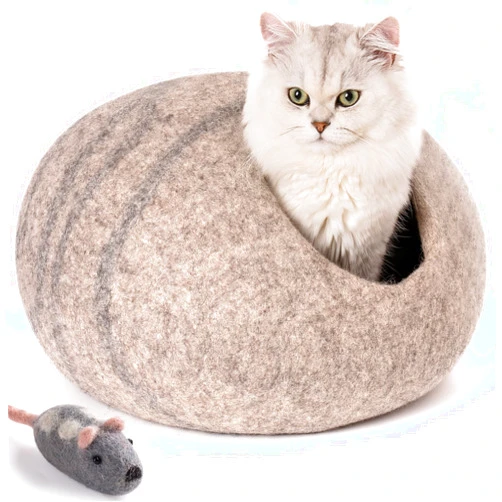 MEWOOFUN Cat Cave Bed -Handmade Wool Cat Bed Cave, Eco-Friendly Cat Bed Cat House, Felt Cat Caves for Indoor Cats and Kittens (Grey/White)