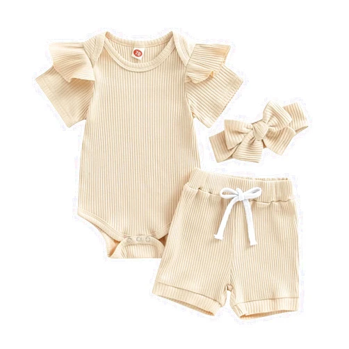 Generic Baby Girls Cotton Romper Shorts Bow Headband Set 3 PC Ruffle Short Sleeve Crewneck Newborn Cute Onesie Casual