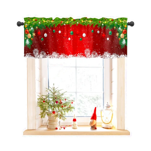 DAONEG BestLives Christmas Curtain Valance Xmas Baubles Coniferous Rod Pocket Valance Window Treatments 1 Panel Pine Tree Twig Red Short Curtains for Kitchen Windows Bathroom Bedroom 54 x 18 inch