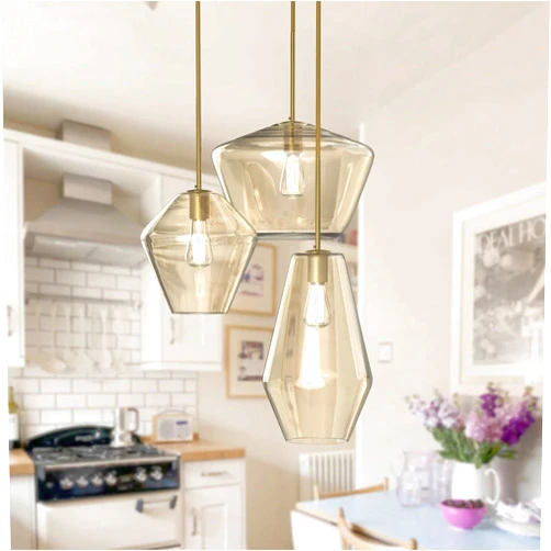 Efperfect Modern Glass Pendant Light Champagne Gold Glass Chandelier Lighting Fixtures Dining Room Adjustable Hanging Cluster Pendant Lamp Nordic 3-Light Heads Pendant Lighting for Kitchen Bedroom