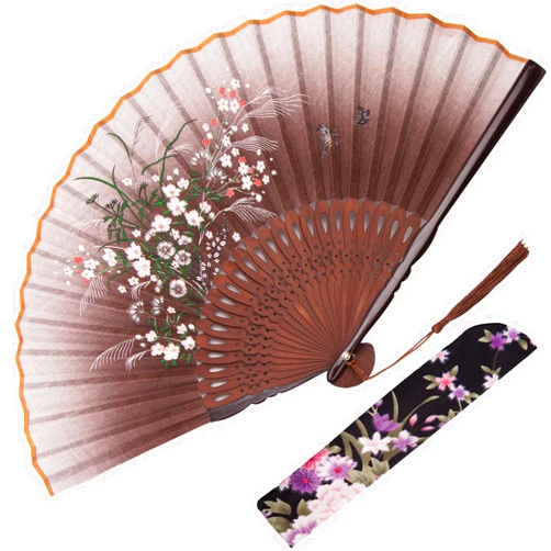 JOHOUSE Hand Fan for Women, Fabric Fan Handheld Brown Vintage Chinese Japanese Style Fan for Dance Music Festival Wedding Party Decorations Gift