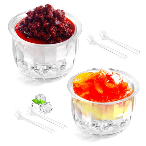 BETSO 2 Packs Ice Chilled Serving Bowl,Dips on Ice Acrylic Dip Bowl,Dip Chiller Bowl with 4 Spoons Party Platters for Food,Fruit,Salsa, Clear