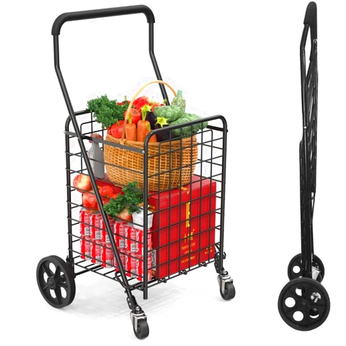 Kiffler Grocery Shopping Cart with 360° Rolling Swivel Wheels Utility Cart Easily Collapsible Cart 66lb Extended Foam Cover, Trolley for Laundry,Groceries,Travel Black (Medium)
