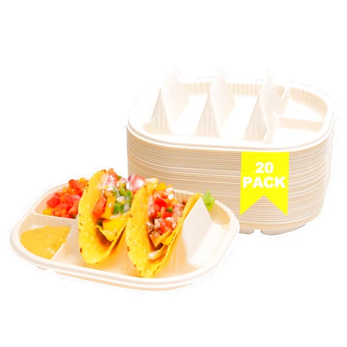 LUVCOSY 20 Pcs Small Disposable Taco Plates for Party, Cornstarch Taco Holders with 2 Dipping Areas, Hold for 2 Tacos, Square Fiesta Taco Trays for Taco Night, Microwave Safe