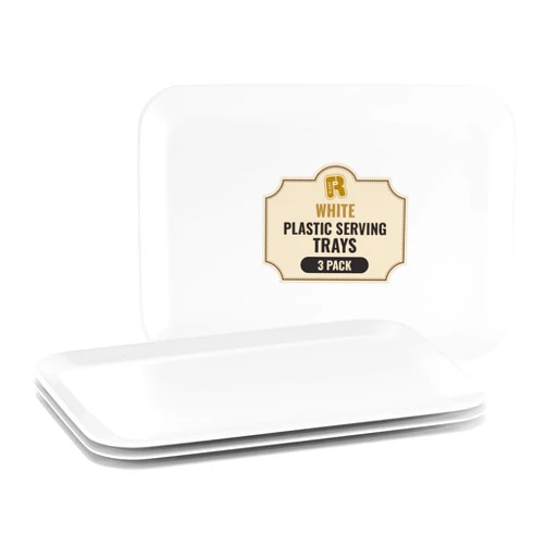 R-kay 3 Pack White Plastic Serving Trays for Party - Rectangular, 8 by 11 in, Heavy Duty Dessert Trays for Food
