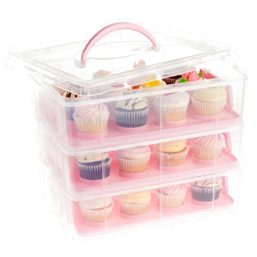 Juvale 3-Tier Cupcake Carrier - Airtight Plastic Container for Baking - Stackable Cupcake Containers & Removable Trays - Portable Cake Transport Holder - Holds 36, Pink, 13.5