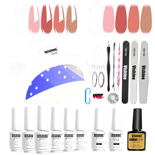 Vishine Gel Polish Starter Kit 48W LED UV Nail Dryer Curing Lamp Manicure Nail Tool Jelly Pink Milky White 6 Gel Color Set Base Top Coat Nail Art Gift Set C063