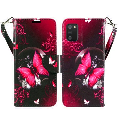 Zase Samsung Galaxy A02s A03S Wallet Phone Case for Women Pouch PU Leather Flip Folio Cute Design Cover w/Kickstand ID Card Slot Wrist Strap Compatible w/Samsung Galaxy A02S A03S (Hot Pink Butterfly)