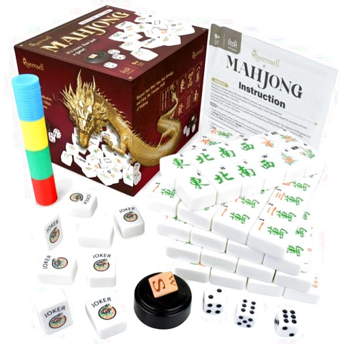 Queensell American Mahjong Set, 152 Tiles, 3 Dice, 80 Scoring Chips, 1 Wind Indicator - Mahjong Game Full Set