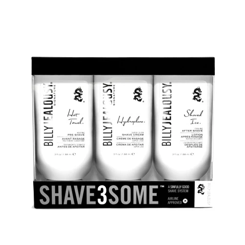 Billy Jealousy Shave3some Travel-Size Trio Shaving Kit for Men with Heating Pre-Shave, Super Slick Shave Cream and Cooling After-Shave, Citrus Scent, 3 Fl Oz Each