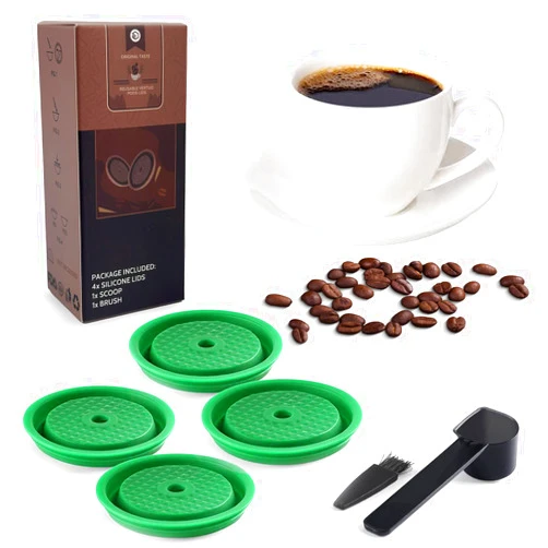 Skimola Reusable Coffee Capsule Lid for Original Nespresso Vertuoline Pods, Food Grade Silicone Caps for Refillable Nespresso Vertuo Pods with Scoop and Brush, 4 PCS(Green)