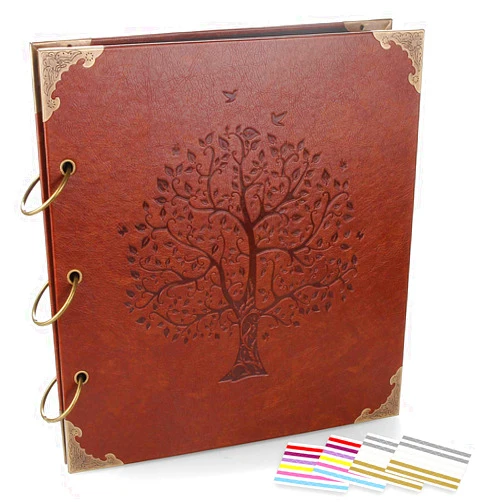 ADVcer Photo Album DIY Scrapbook (10x10 inch 50 Pages Double Sided), Vintage Leather Cover Three-Ring Binder Family Picture Booth with 9 Color 408pcs Self Adhesive Photos Corners for Memory Keep, Tree