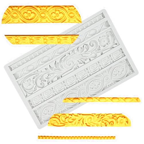 Palksky DIY Baroque Scroll Relief Cake Border Silicone Mold/Vintage Curlicues Fondant Molds Flower Frame Edible Lace Mould Mat for Birthday Candy Chocolate Sugarcraft Gum Paste Decorating Tool
