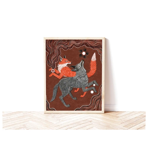 Generic Fox, Wolf, and Falling Star Folk Art Nature Print - Funky Animal Art, Cottagecore Wall Decor