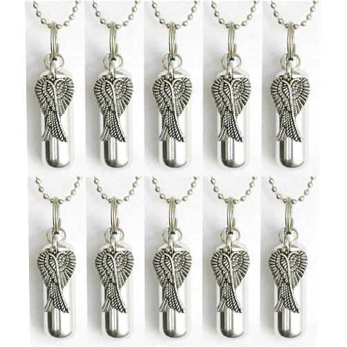 Pasco Specialty Products Large Family Set of 10 Silver Angel Wings Cremation URNS - Includes Velvet Pouches, Ball-Chain Necklaces & Fill Kit - Made in The USA