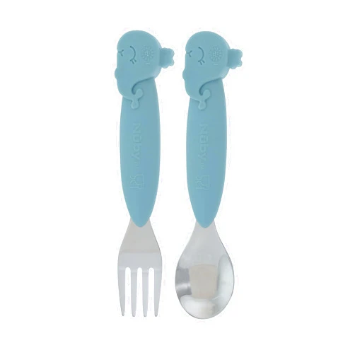 Nuby Animal Friends Silicone and Stainless Steel Fork and Spoon Set - 12+ Months - Blue Whale
