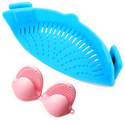 ZYluoke Silicone Clip On Food Strainer Colander, Snap on Hands-Free Heat Resistant Drainer Filter for all Pot Bowl Pan, Flexible and Easy to Use,Dishwasher Safe with 2 Silicone Gloves(Blue)