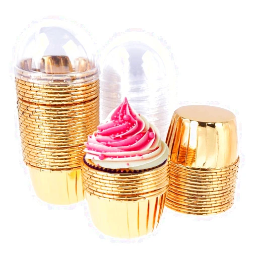 Haomian 50 Pack Aluminum Foil Baking Cups with Lid, Disposable Paper Ramekins Cups for Mini Muffin Cupcake Pudding Snacks Dessert, Recyclable Catering Wedding Birthday Party Favor Baking Cups (Golden)