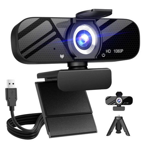 Tewiky Full HD Webcam with Built-in Microphone and Rotatable Tripod, 1080P Video and Wide Angle Camera, Privacy Cover, for Desktop PC or Laptop Computer