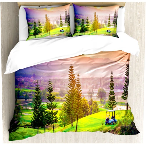 Ambesonne Nature Duvet Cover Set, Golf Resort Park in Spring Season Trees Sunset Hills and Valley End of The Day, Decorative 3 Piece Bedding Set with 2 Pillow Shams, Queen Size, Orange Green