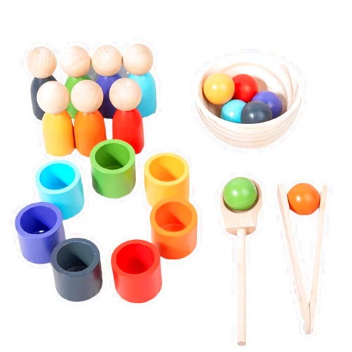 WOODENFUN Rainbow Balls in Cups Toddler Montessori Toys for 3 Year Old Up, Kids Preschool Wooden Matching Games for Learning Color Sorting and Counting