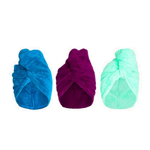 Turbie Twist 3-Pack Cotton Hair Towel Wrap for Women and Men, 10 inch X 24.5 inch, Super Absorbent Terry Cloth Hair Turban (3 Pack - Plum, Teal, Aqua)